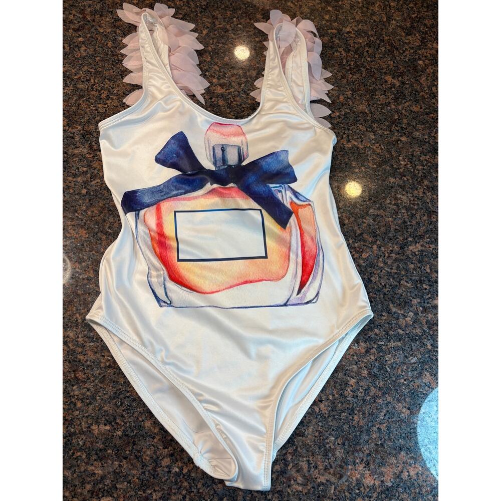 Stella Cove Girls 12Y White Ruffle One Piece Swimsuit Blue Bow Designer Swim NWT